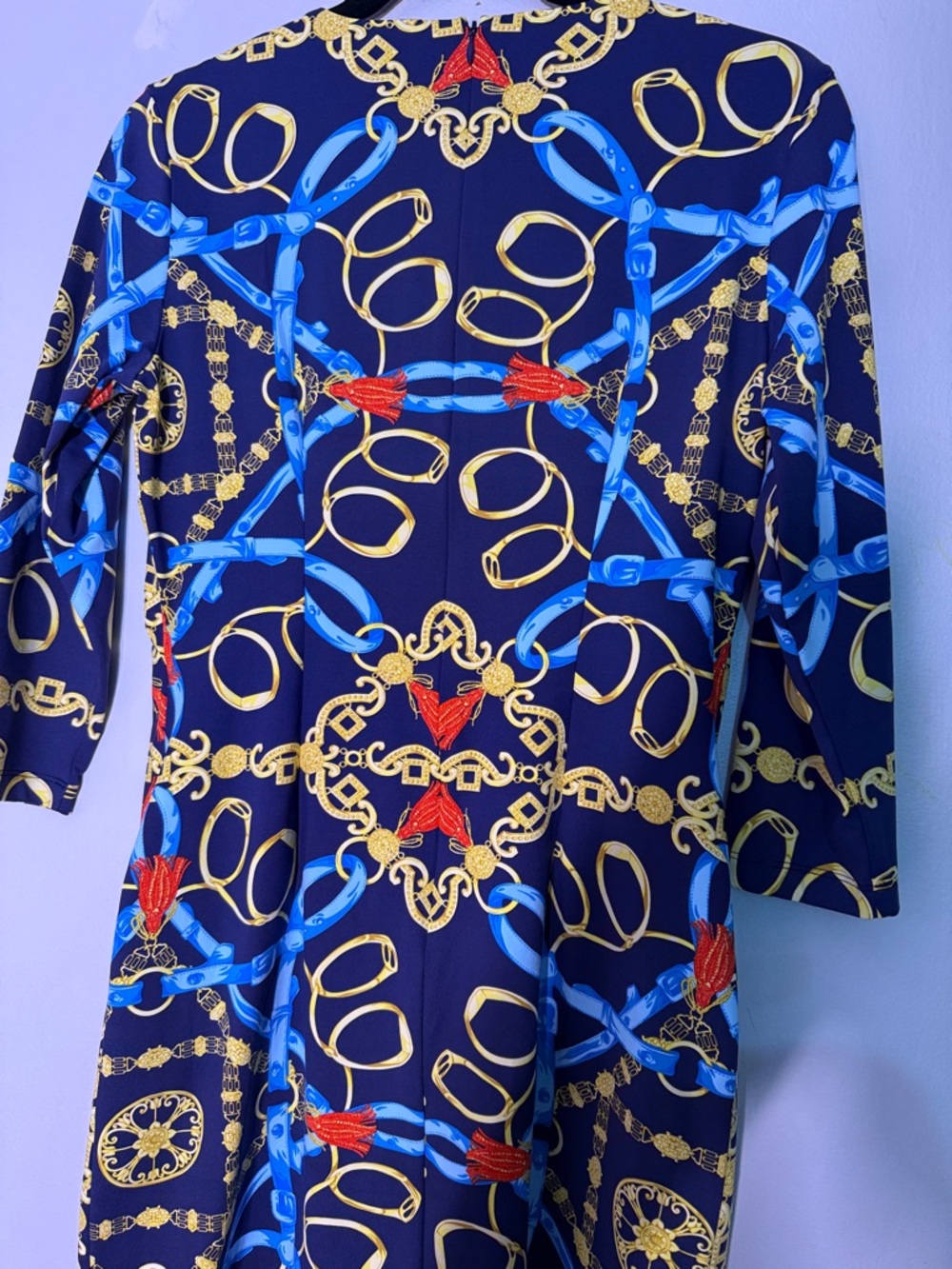 J.McLaughlin Navy Chain-Print Sheath Dress with Blue & Gold Accents small - Picture 6 of 6